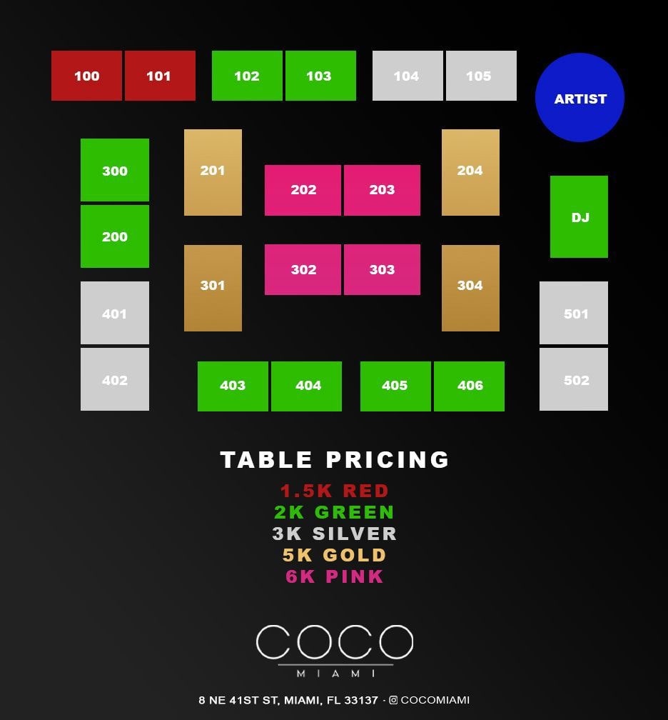 Coco Miami floor plan and VIP table pricing